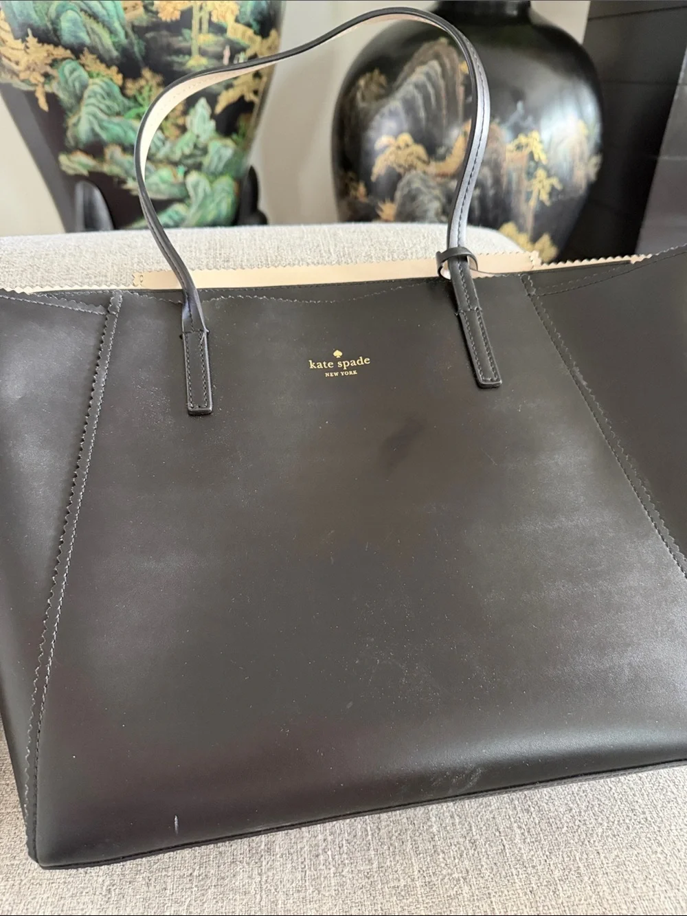 kate spade Black Leather Tote with Gold Logo Accent